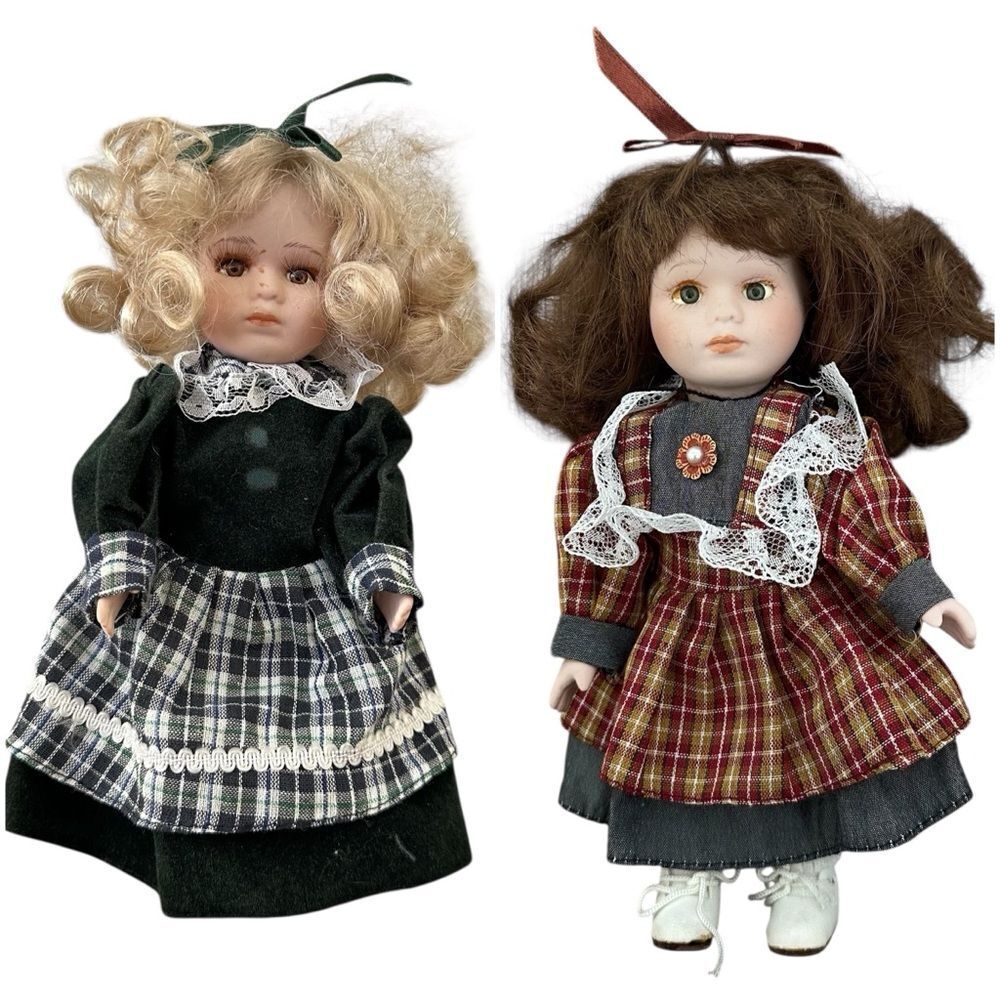 Vintage Porcelain Doll Lot Set of 2 Plaid Dresses Collector Decor